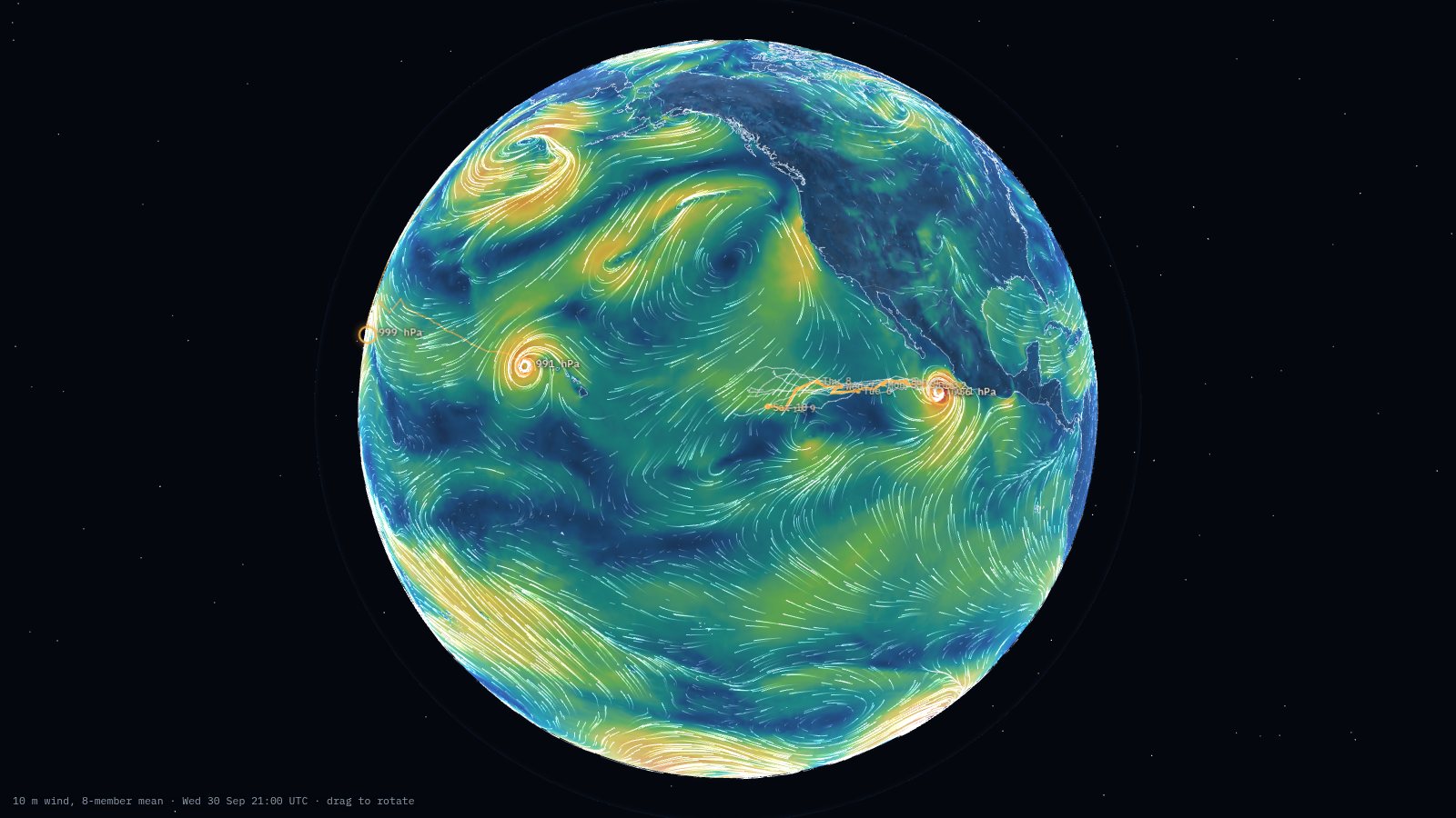 The globe with 10 m wind from a recent run: animated flow lines, coastlines, and a tropical cyclone with its ensemble-member tracks.