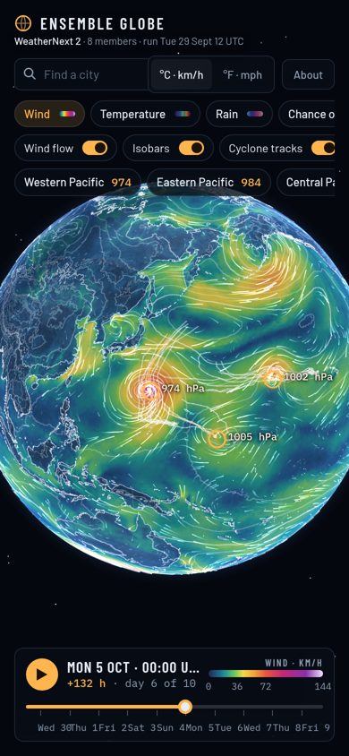 The globe on a phone: layer chips at the top, the western Pacific with a cyclone, and the timeline at the bottom.